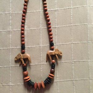 Women's long necklace, wood beads plastic beads wood elephants 30"